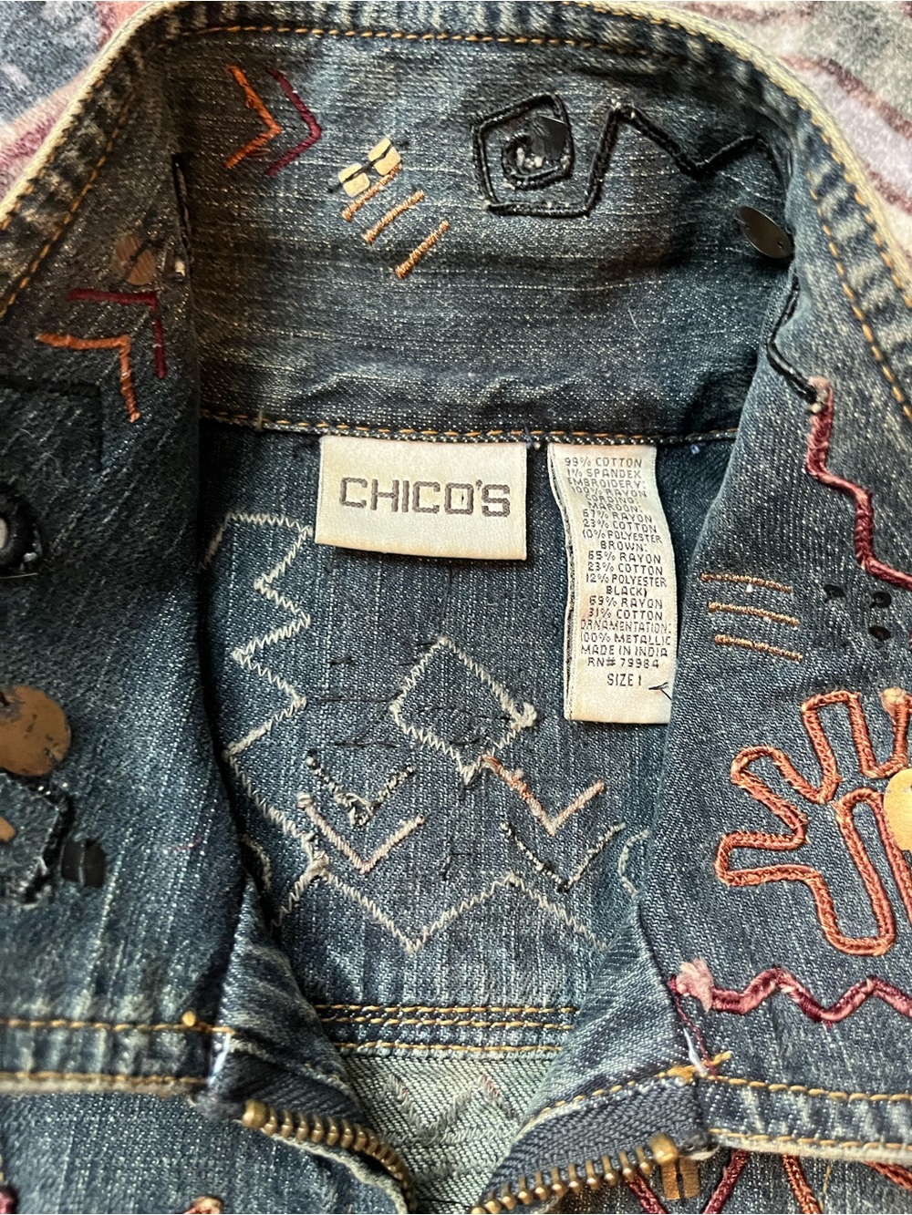 Chicos Embellished Dark Denim Y2K Vintage Jean Jacket M - Picture 8 of 10